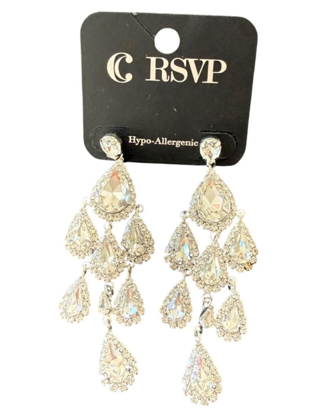 Charming Charlie RSVP Earrings Crystal Chandelier Formal Silver Tone 3 inches